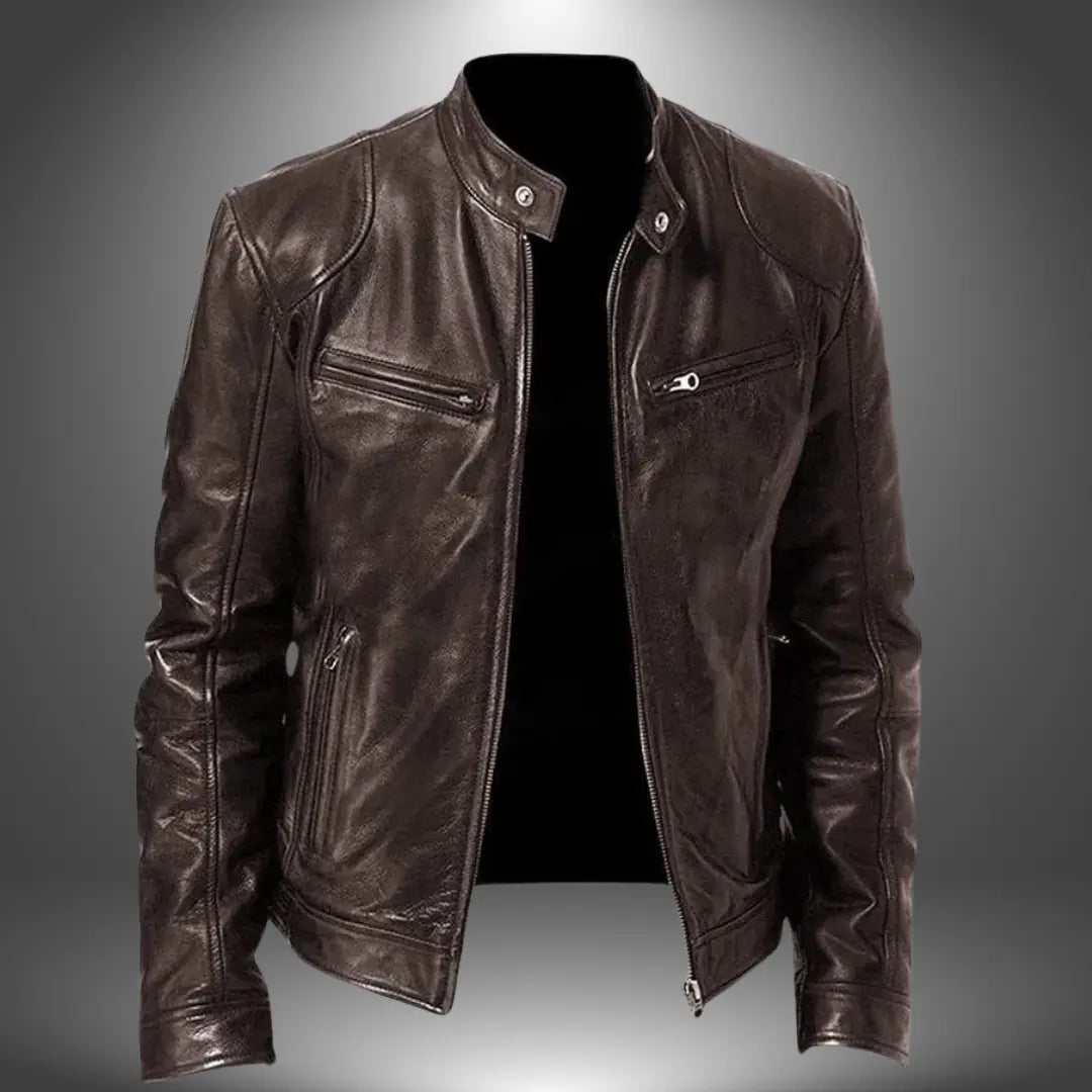 Blouson biker en cuir homme col montant zippé