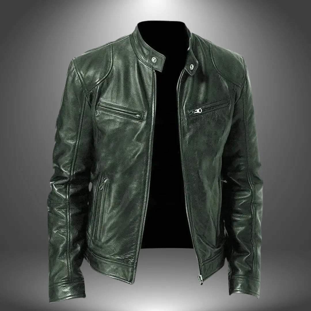 Blouson biker en cuir homme col montant zippé