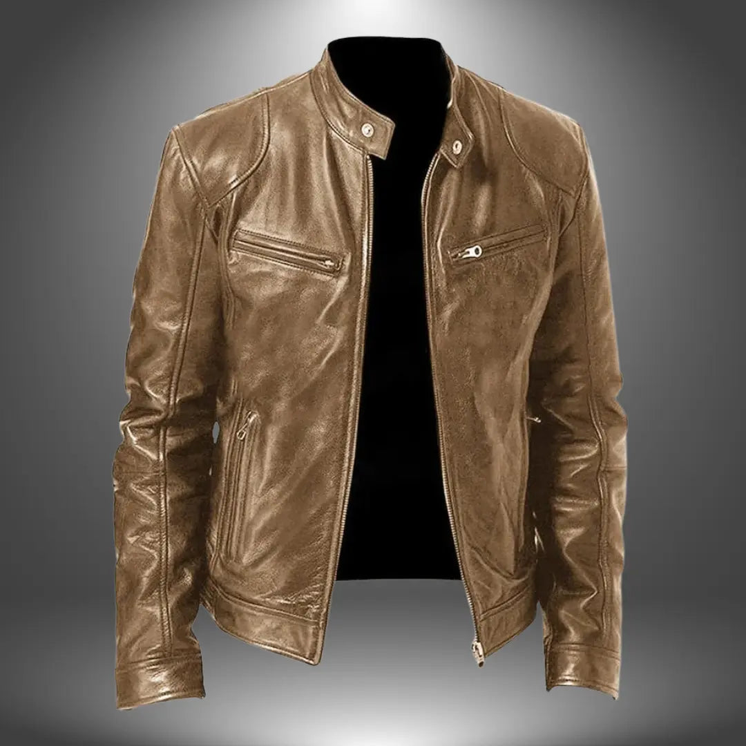 Blouson biker en cuir homme col montant zippé
