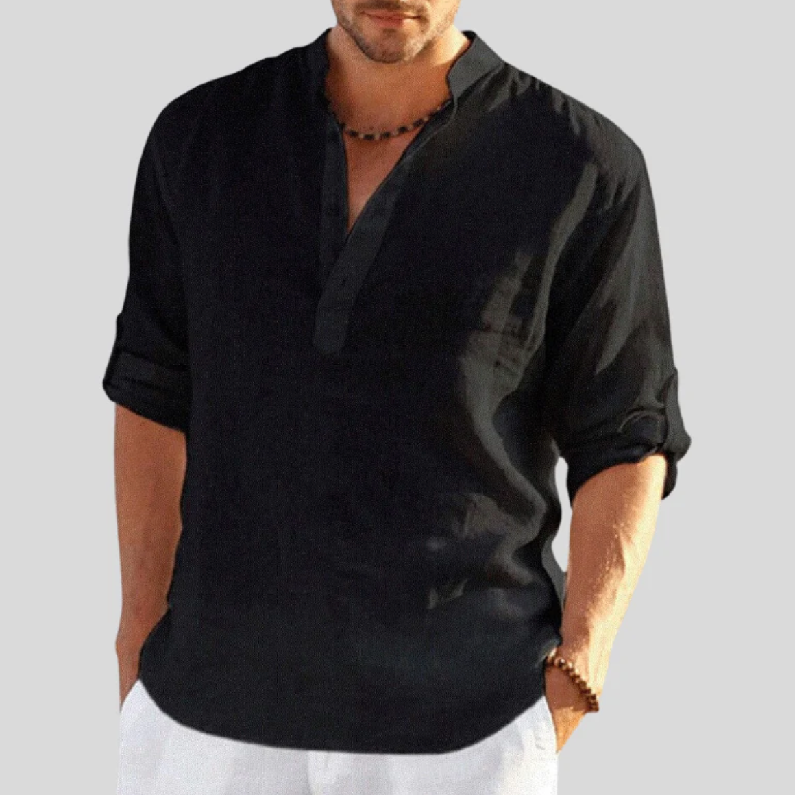 Chemise Col Tunisien à Manches Longues