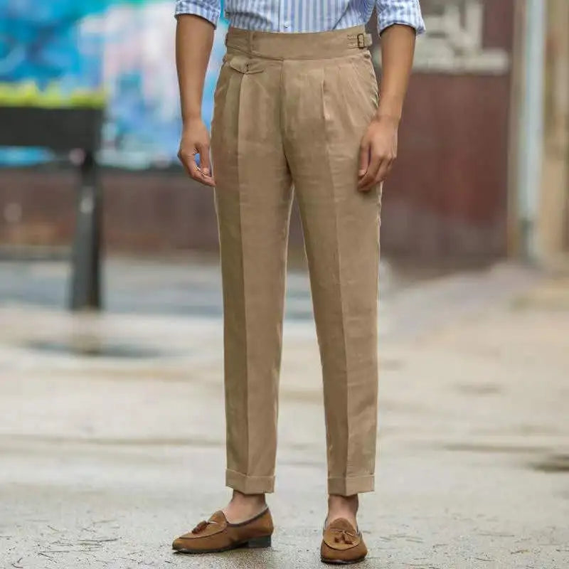 Pantalon Habillé en Lin Mélangé Coupe Fuselée
