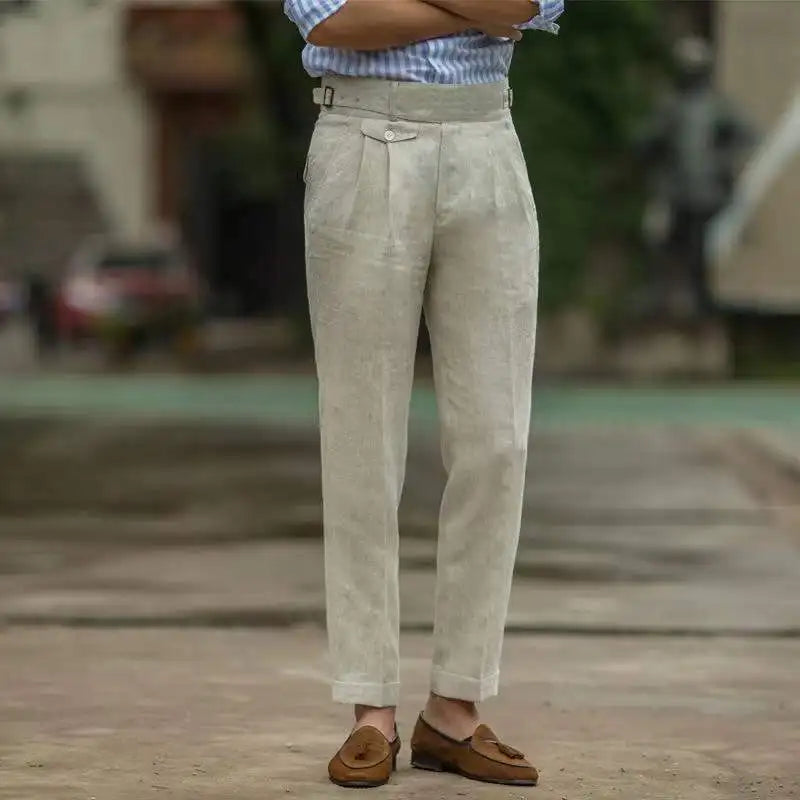 Pantalon Habillé en Lin Mélangé Coupe Fuselée