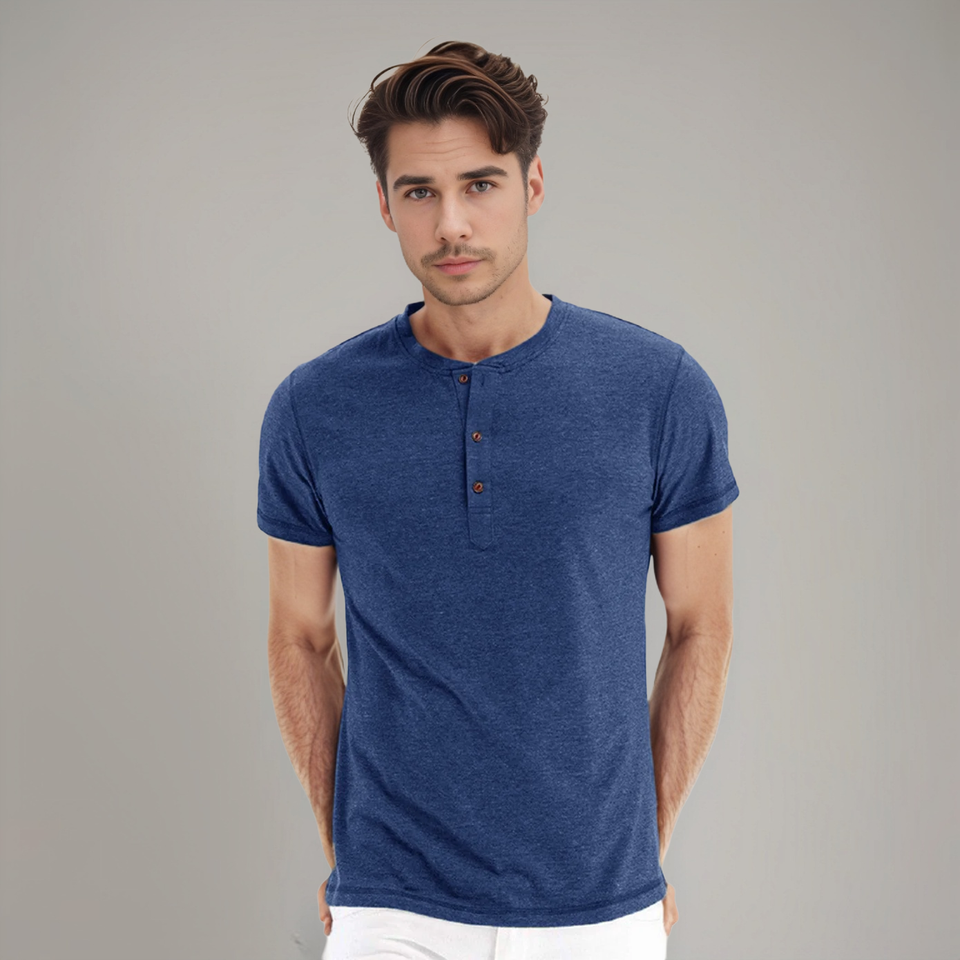 T-Shirt Col Henley à Manches Courtes