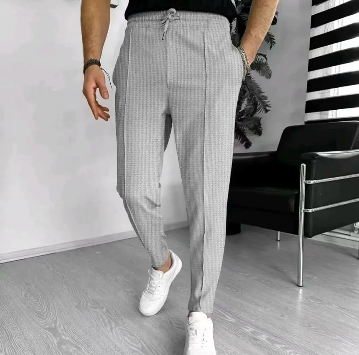 Pantalon Fuselé Texturé à Taille Élastique