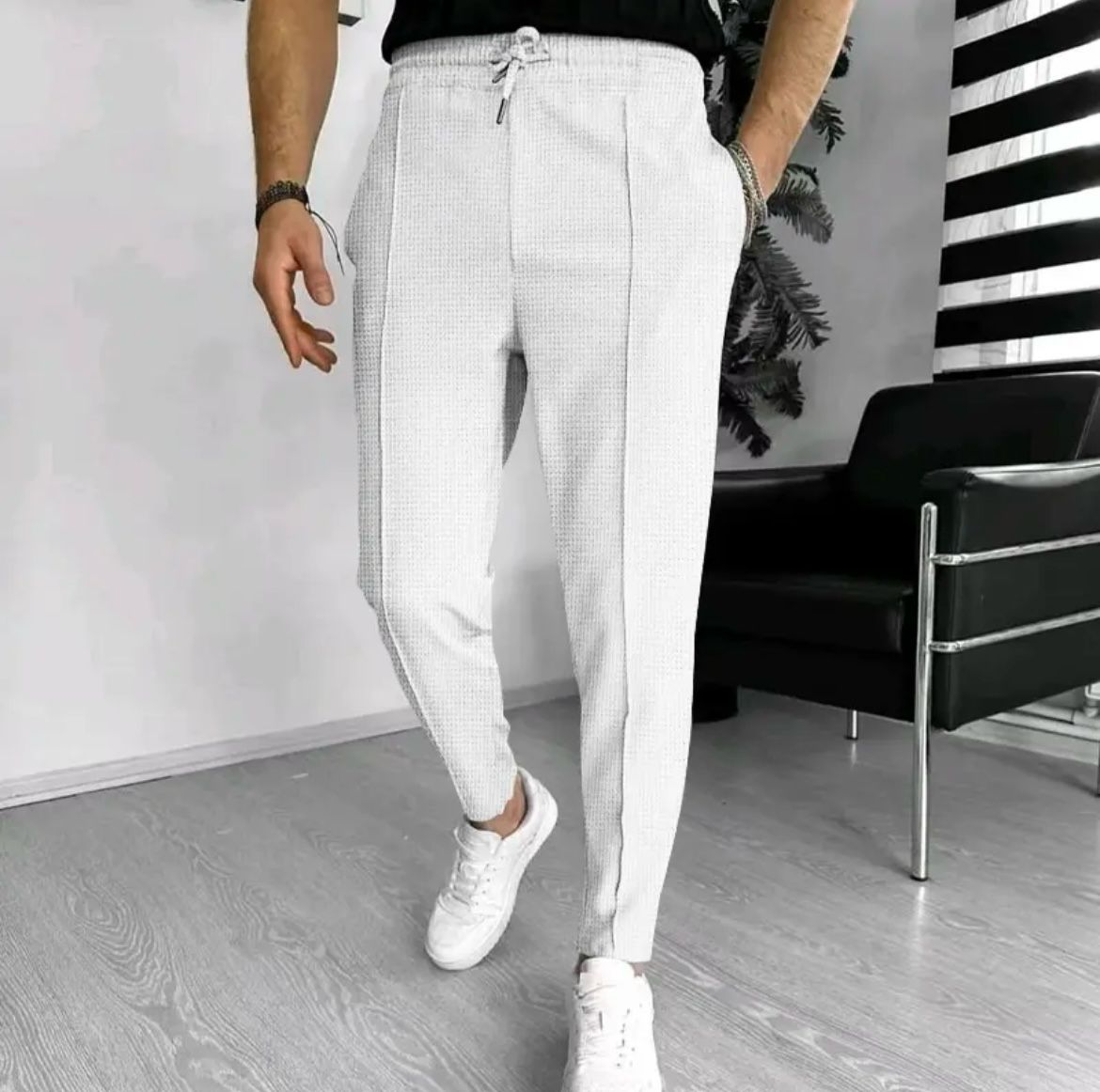 Pantalon Fuselé Texturé à Taille Élastique