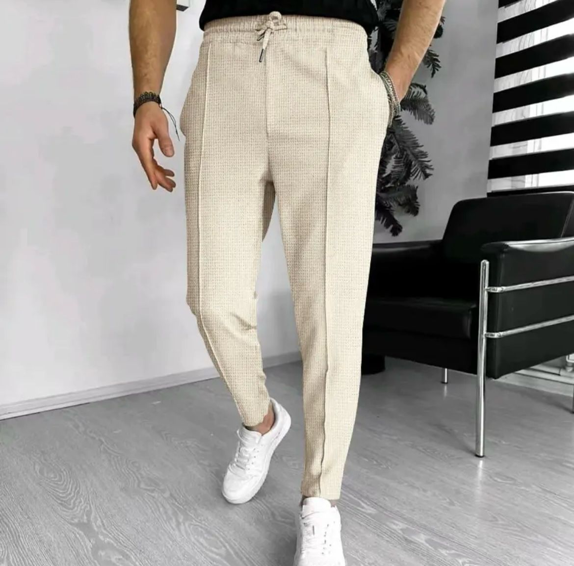 Pantalon Fuselé Texturé à Taille Élastique