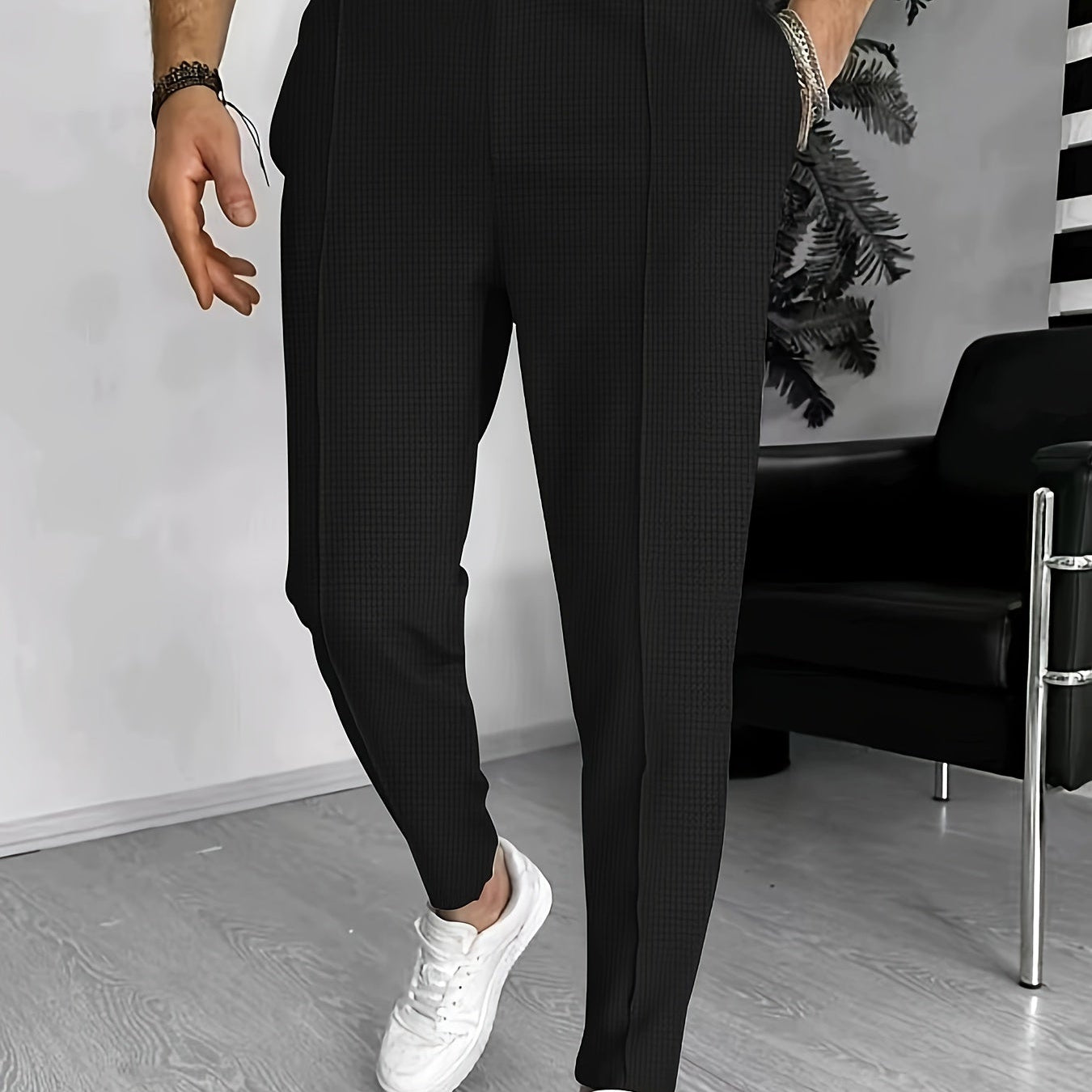 Pantalon Texturé à Taille Élastique et Cordon