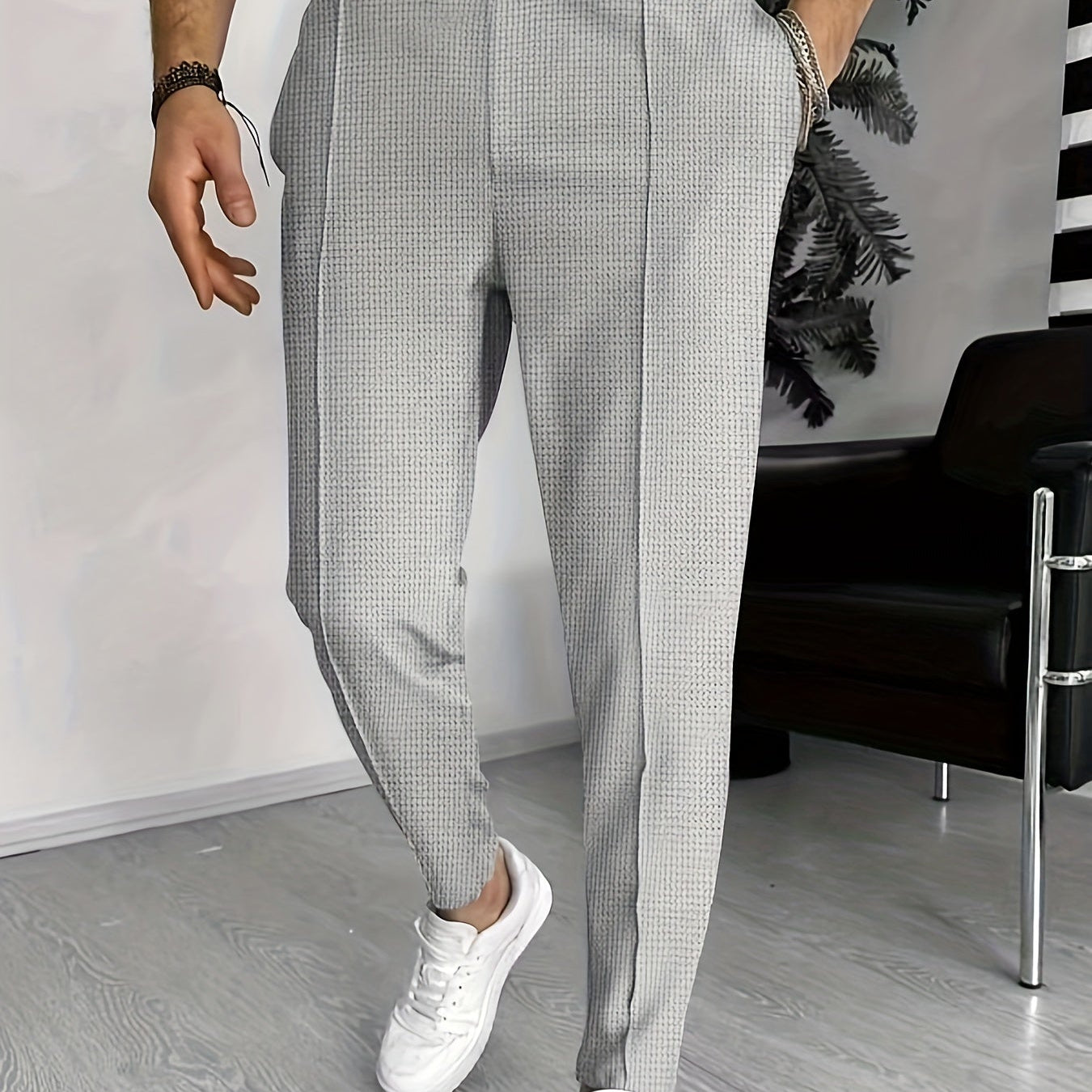 Pantalon Texturé à Taille Élastique et Cordon