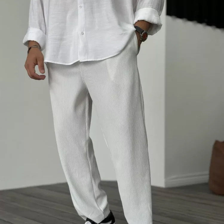 Pantalon Texturé à Rayures Verticales Coupe Ample