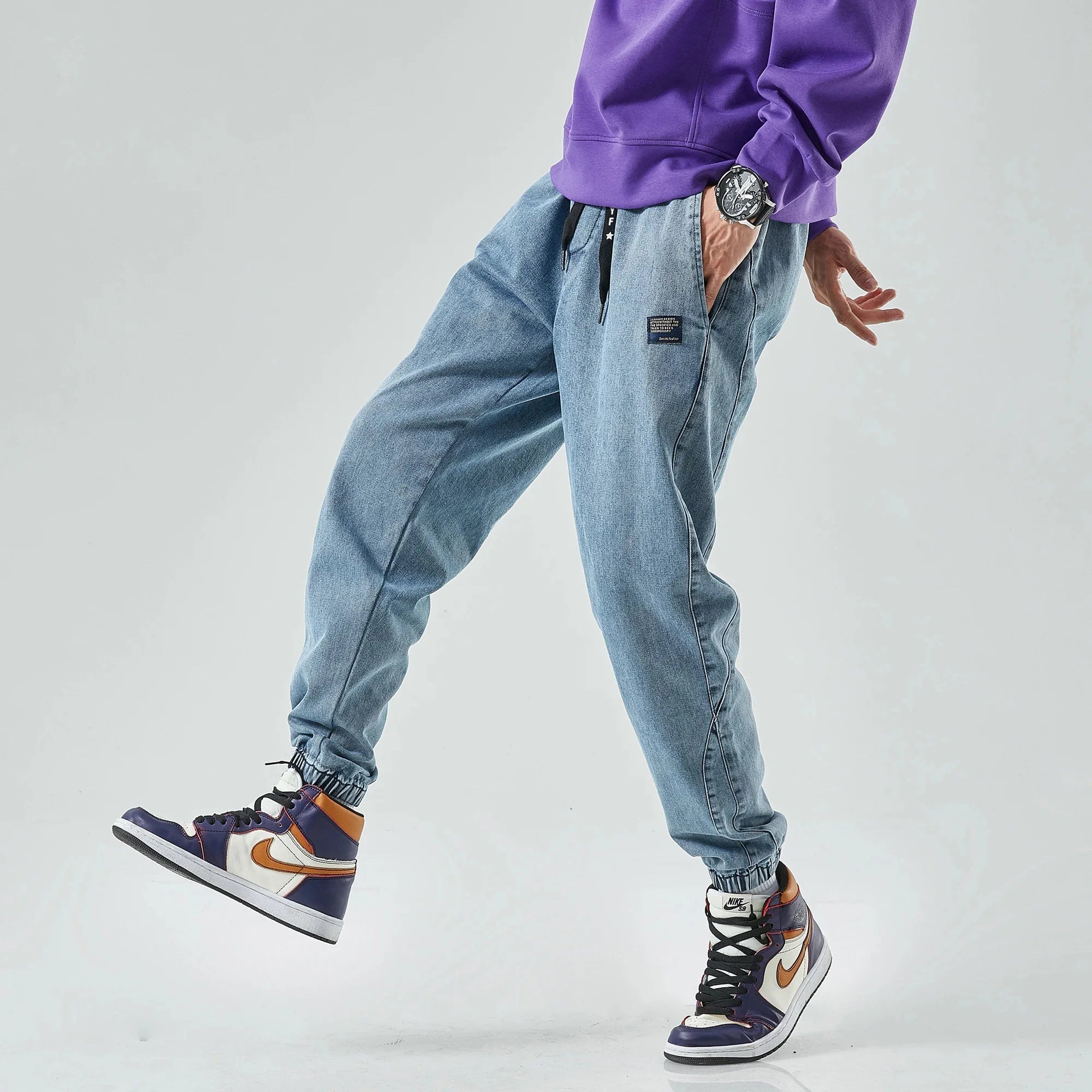 Jogger Denim Ample à Chevilles Resserrées