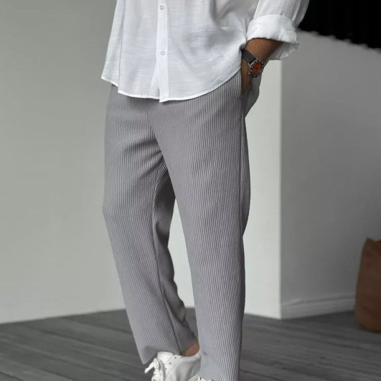 Pantalon Texturé à Rayures Verticales Coupe Ample