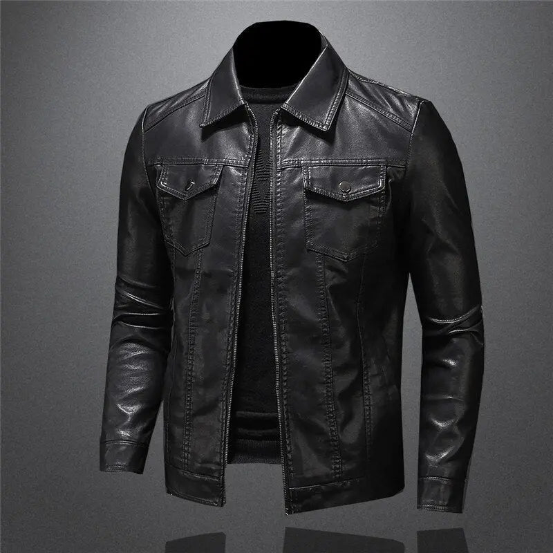 Blouson en cuir noir homme col classique zippé